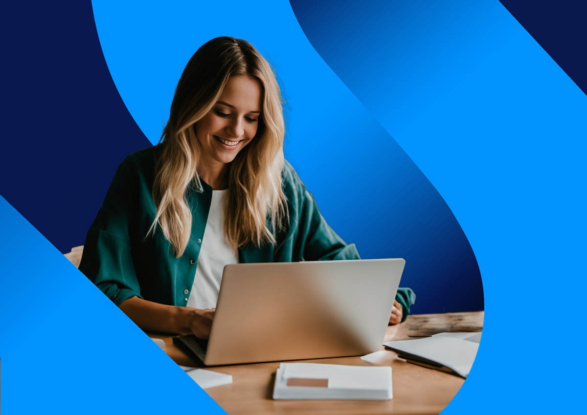 Woman Laptop Blue Swirls